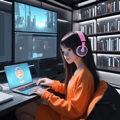 AI generated: A captivating anime-style illustration of a young girl immersed in coding on her laptop, wearing sty...