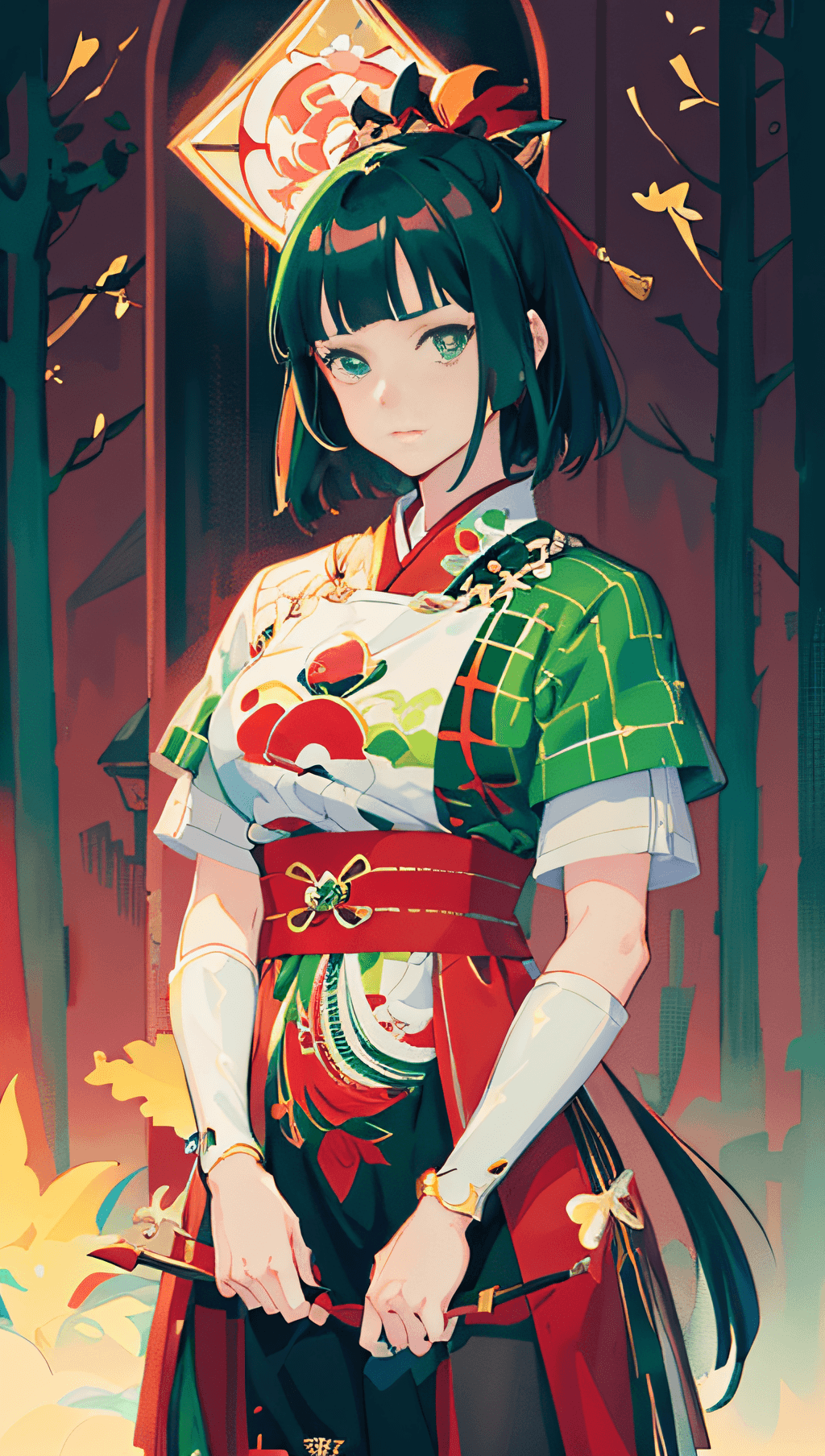 AI generated: mixmixpastel model, anime - style illustration of a woman in a green and red outfit, demon slayer ru...