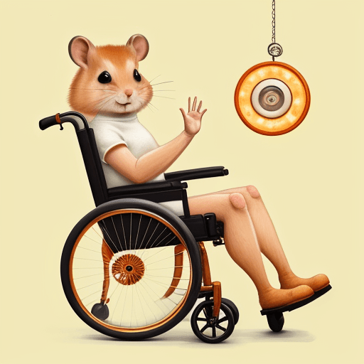 AI generated: ginger hamster in a wheel chair, its leg is raised and in a cast. it is smiling and waving.
warm lig...