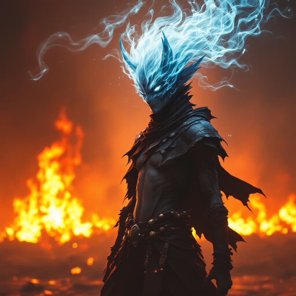 AI generated: Character Arcane 
Jynx standing in front of a fire ,