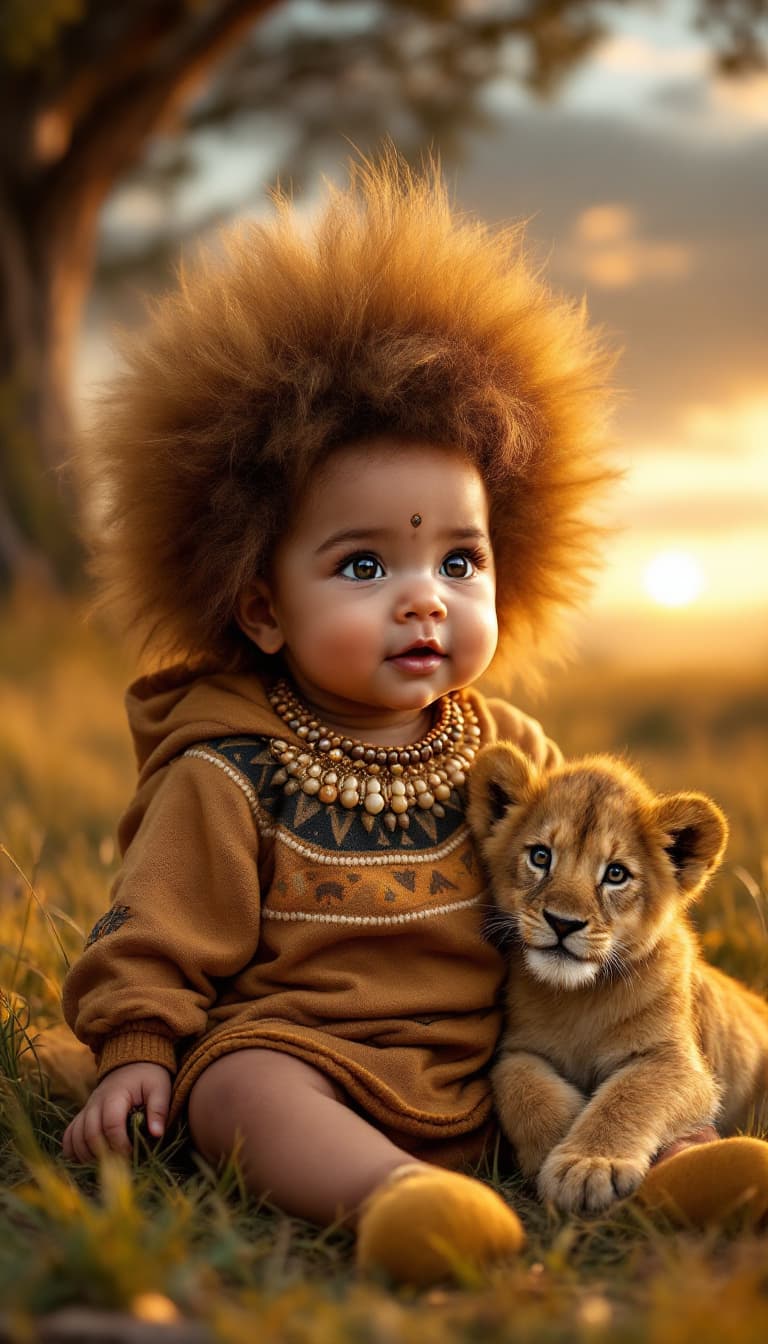 AI generated: A hyper-realistic image of a baby dressed in an African lion-themed outfit, featuring warm golden to...