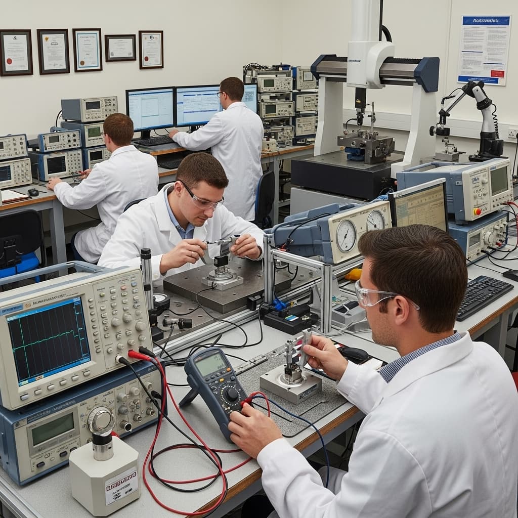 AI generated: I need an image of people working in a calibration and metrology lab
