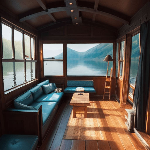AI generated: houseboat in the water, dreamy sunken living room conversation pit, wooden floor, small windows open...