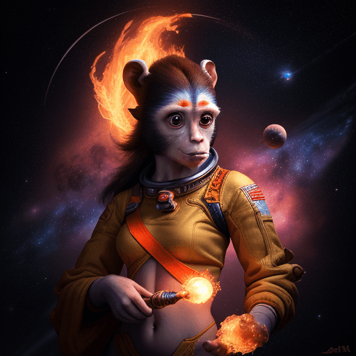 AI generated: high resolution cinematic portrait of a beautiful cute anthropomorphic female space monkey fire arti...