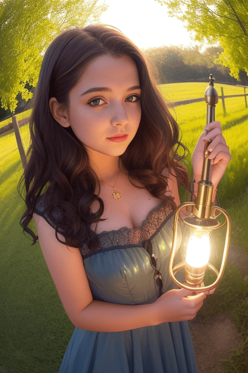 AI generated: beautiful young farmer girl, in a yard, long very curly hair, intrincated steampunk farmer clothes, ...