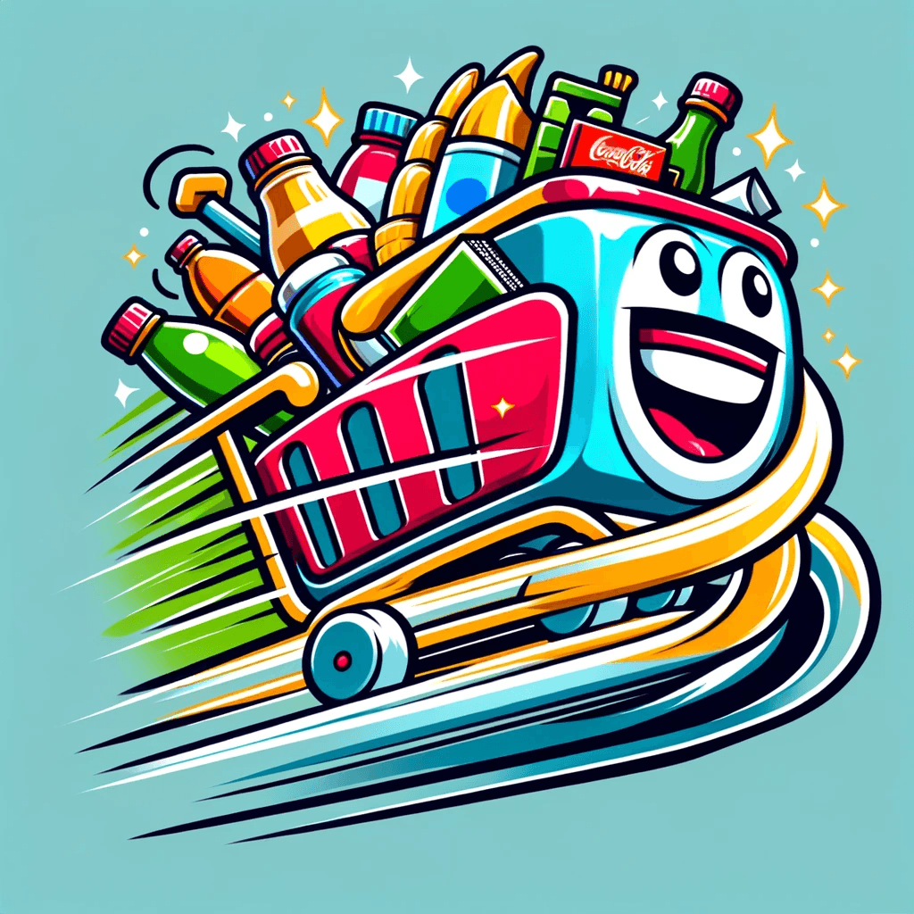 AI generated: A logo featuring a lively and animated shopping cart, designed to be a mascot with emotions, zooming...