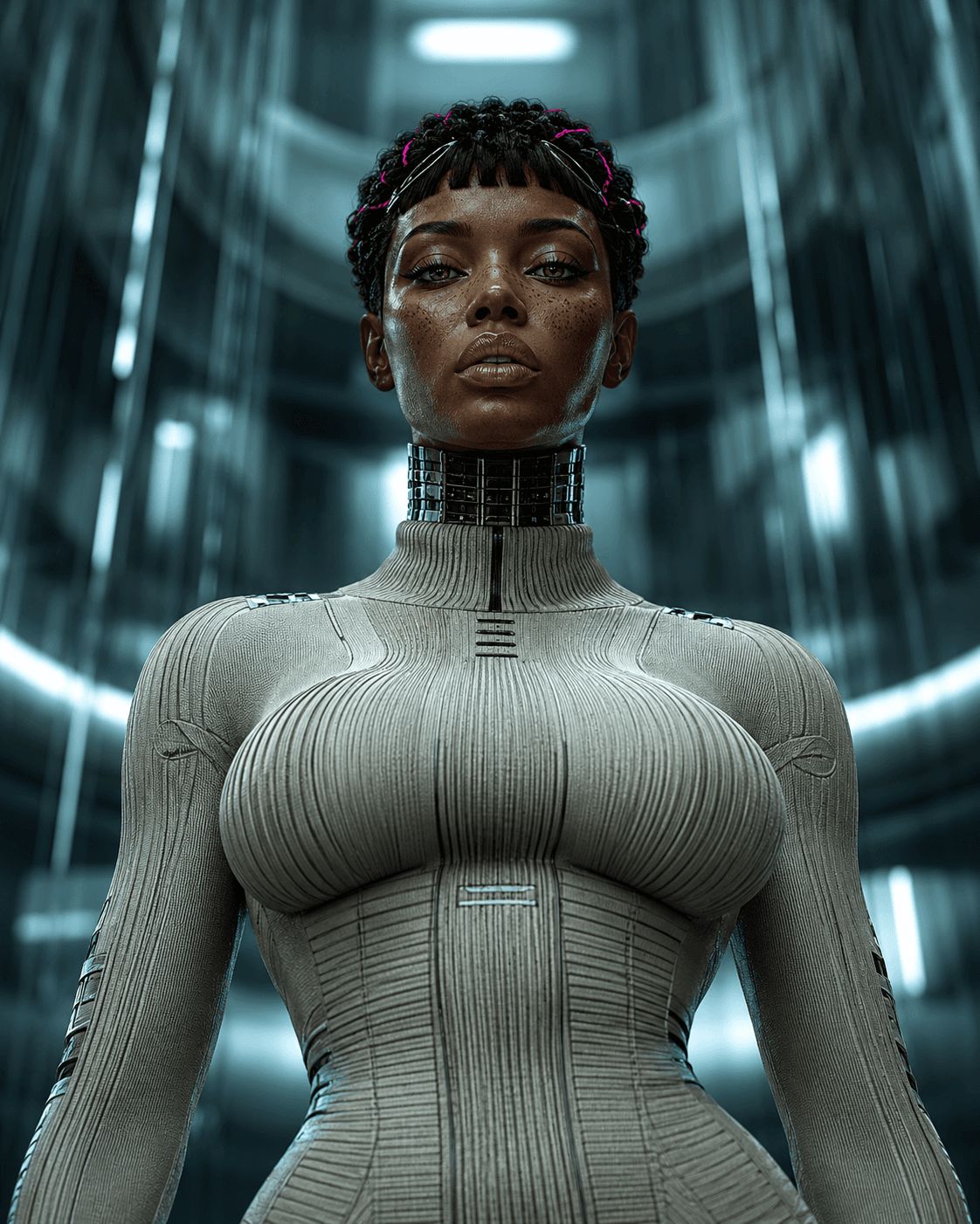 AI generated: futuristic fashion portrait, subject standing upright and centered, low-angle camera looking upward,...