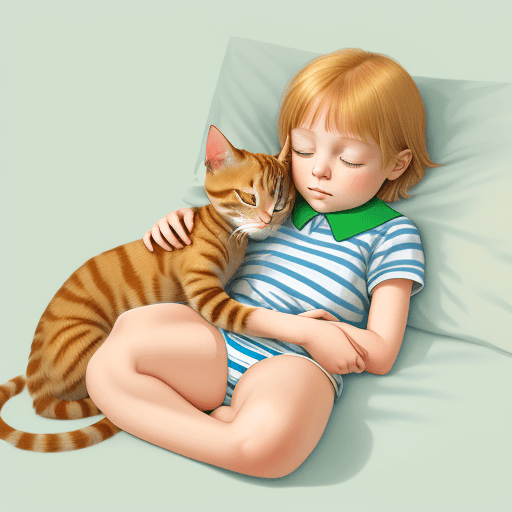 AI generated: waking little girl, six years old, short blond hair, green eyes, being tickled by kitten whiskers an...