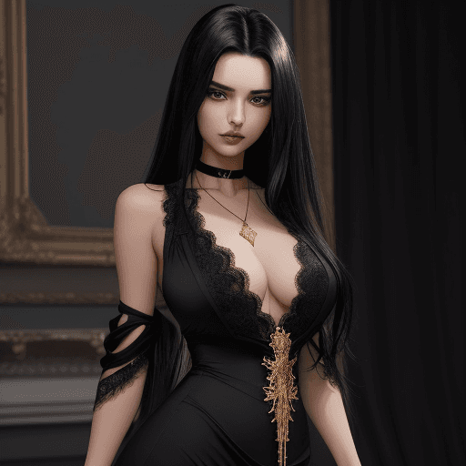 AI generated: A woman in a frontal pose with long, voluminous black hair, wearing a low-cut black dress with lace ...