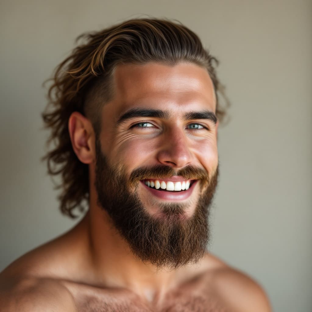 AI generated: portrait of a man smiling with neatly carved beards and low cut, resembling an american
