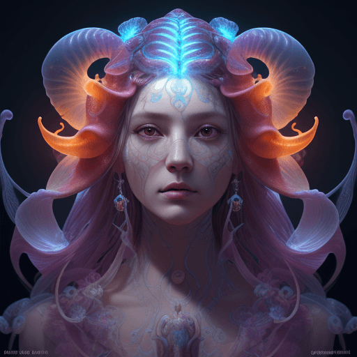 AI generated: Goddess close-up portrait ribcagel. jellyfish phoenix head, nautilus, orchid, skull, betta fish, bio...