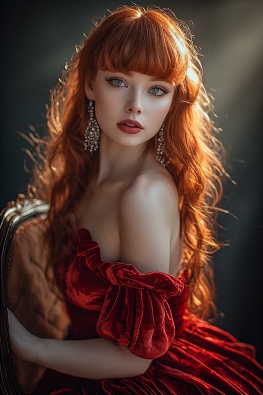 AI generated: A beautiful young woman with long, flowing auburn hair and striking blue eyes, adorned with large, s...