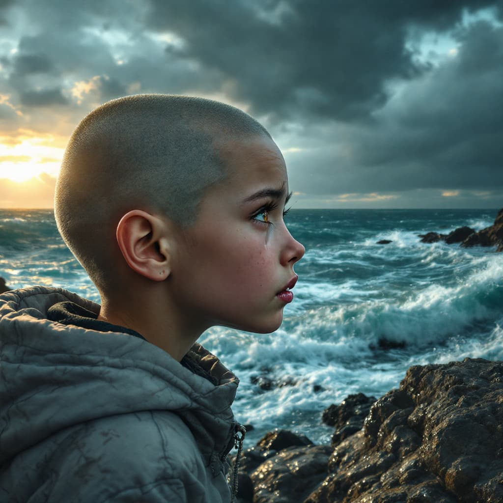AI generated: A bald young girl with brown teary eyes, gazing at the stormy sea