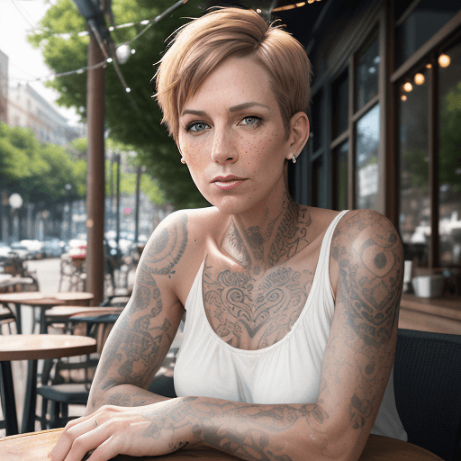 AI generated: attractive 40 year old American woman, slender graceful build, short hair, piercings and arm tattoos...