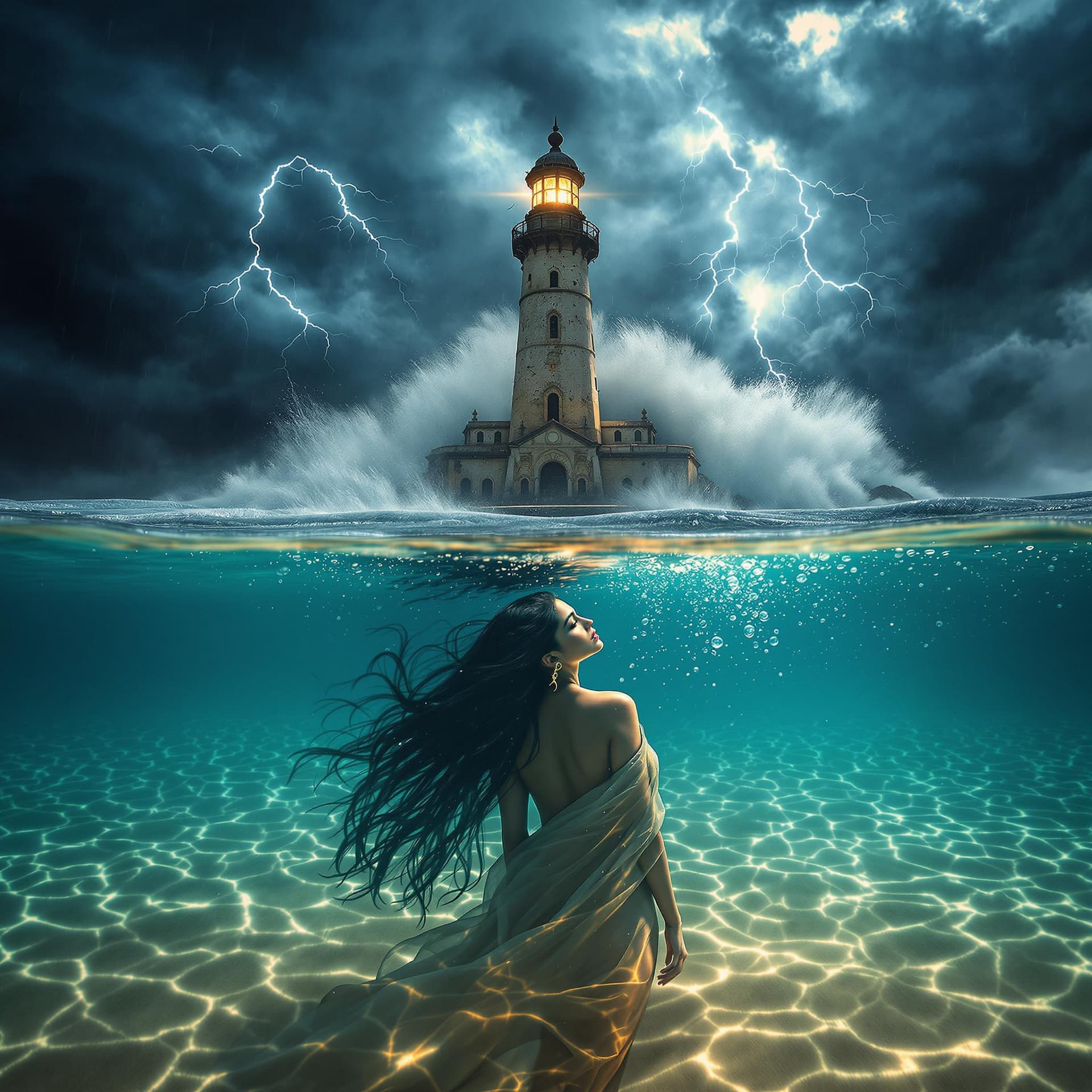 AI generated: A cinematic split-frame composition where the lens is half-submerged underwater. Half of the body is...