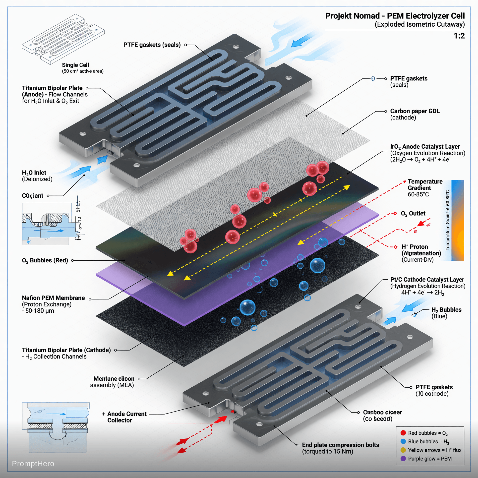 AI generated: Highly detailed professional technical exploded isometric cutaway view of a PEM electrolyzer cell fo...