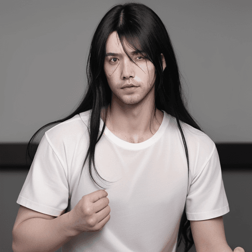 AI generated: 1boy, attractive, red_pupils, black_hair, long_hair, messy_hair, bangs, hair_between_eyes, stubble, ...
