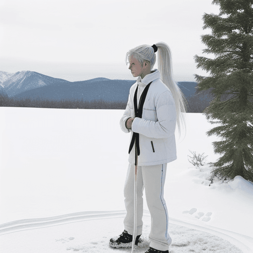 AI generated: A male teen with long white hair tied into a ponytail peeing on snow