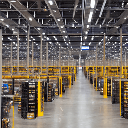 AI generated: amazon warehouse full of products on shelves and 2 humans with radio frequency terminal in a hand, 4...