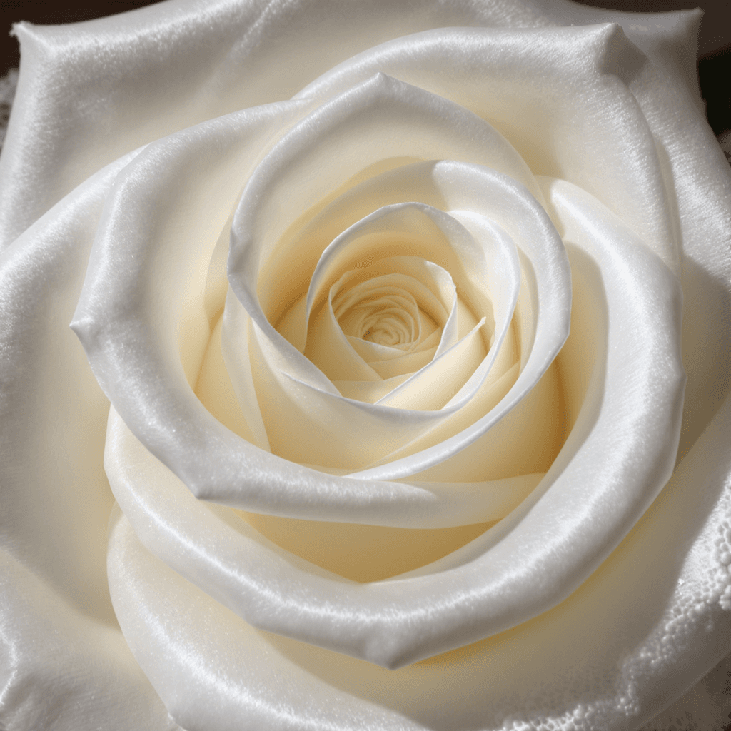 AI generated:  a rose made of white satin and lace,close up view,very fine textures and details,light reflections,