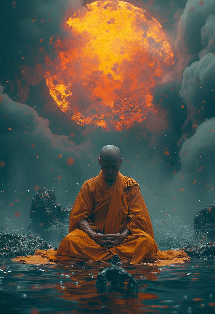 AI generated: a monk in orange sitting by the water, in the style of casey weldon, ben templesmith, colorful turbu...