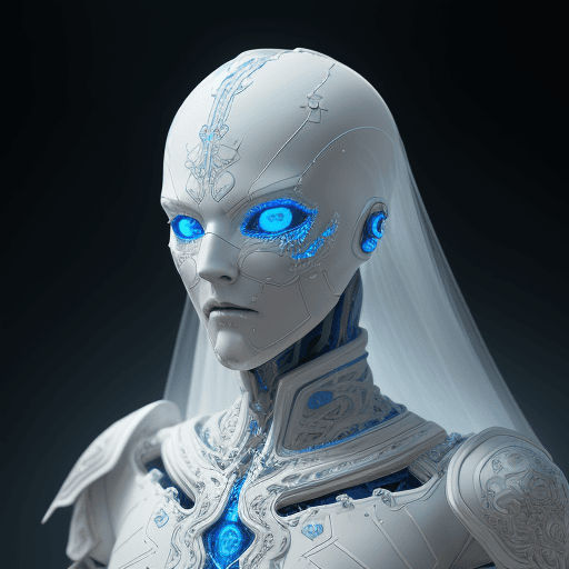 AI generated: humanoid android, covered in white porcelain skin, blue eyes, white wispy ghost wearing ornate armou...