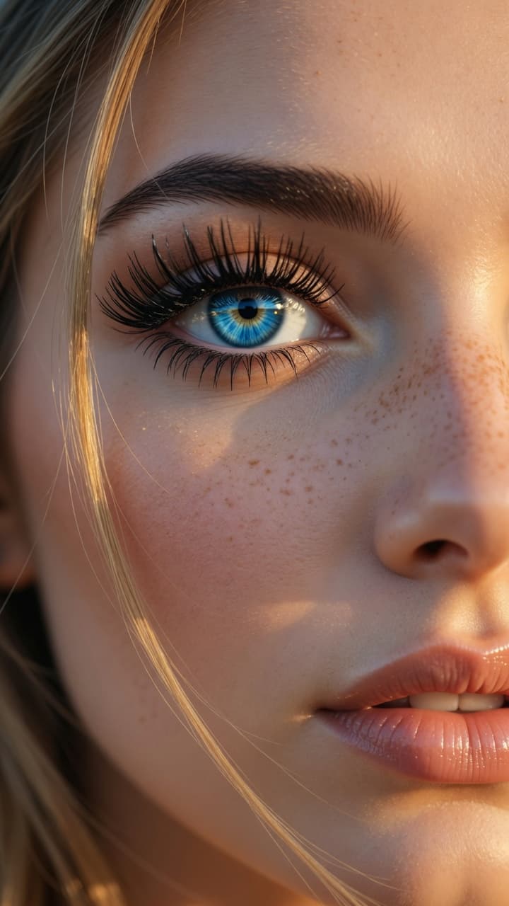 AI generated: A hyper-realistic close-up portrait of a beautiful young woman with striking bright blue eyes, taken...