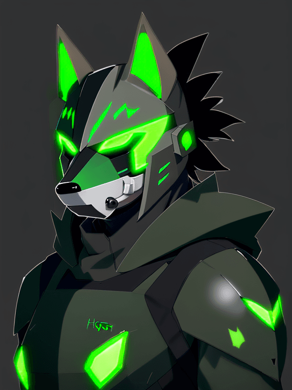 AI generated: mostly green Protogen headshot furry; simple black complete protogen face visor; head and ears furry...