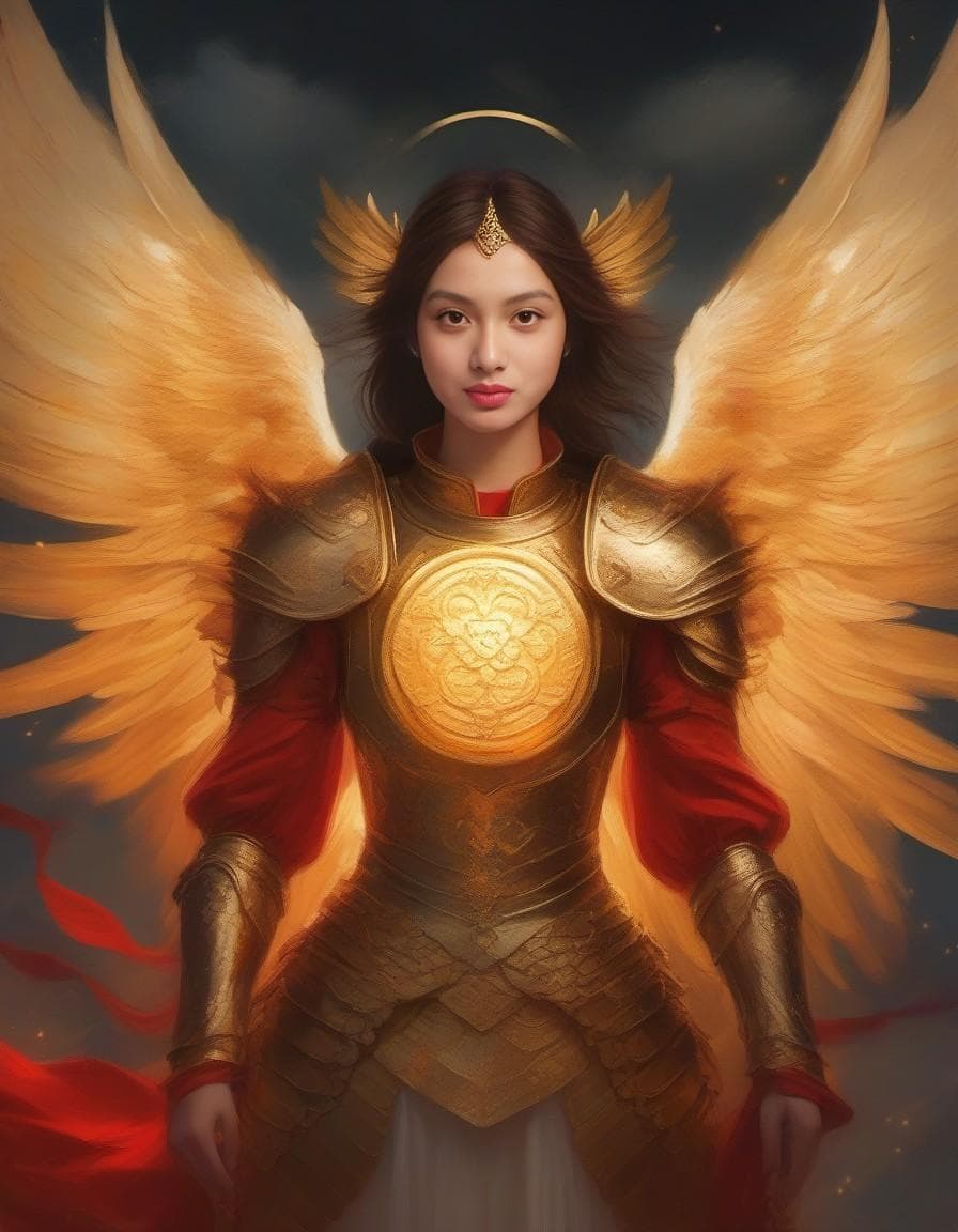 AI generated: illustrate an angelic warrior with armor and wings glowing in a radiant shade of red or gold, hoveri...
