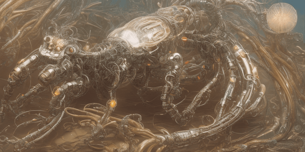 AI generated: a natural light, closeup of a full body cybernetic rococo centipede cyborg, body is clear plastic, i...