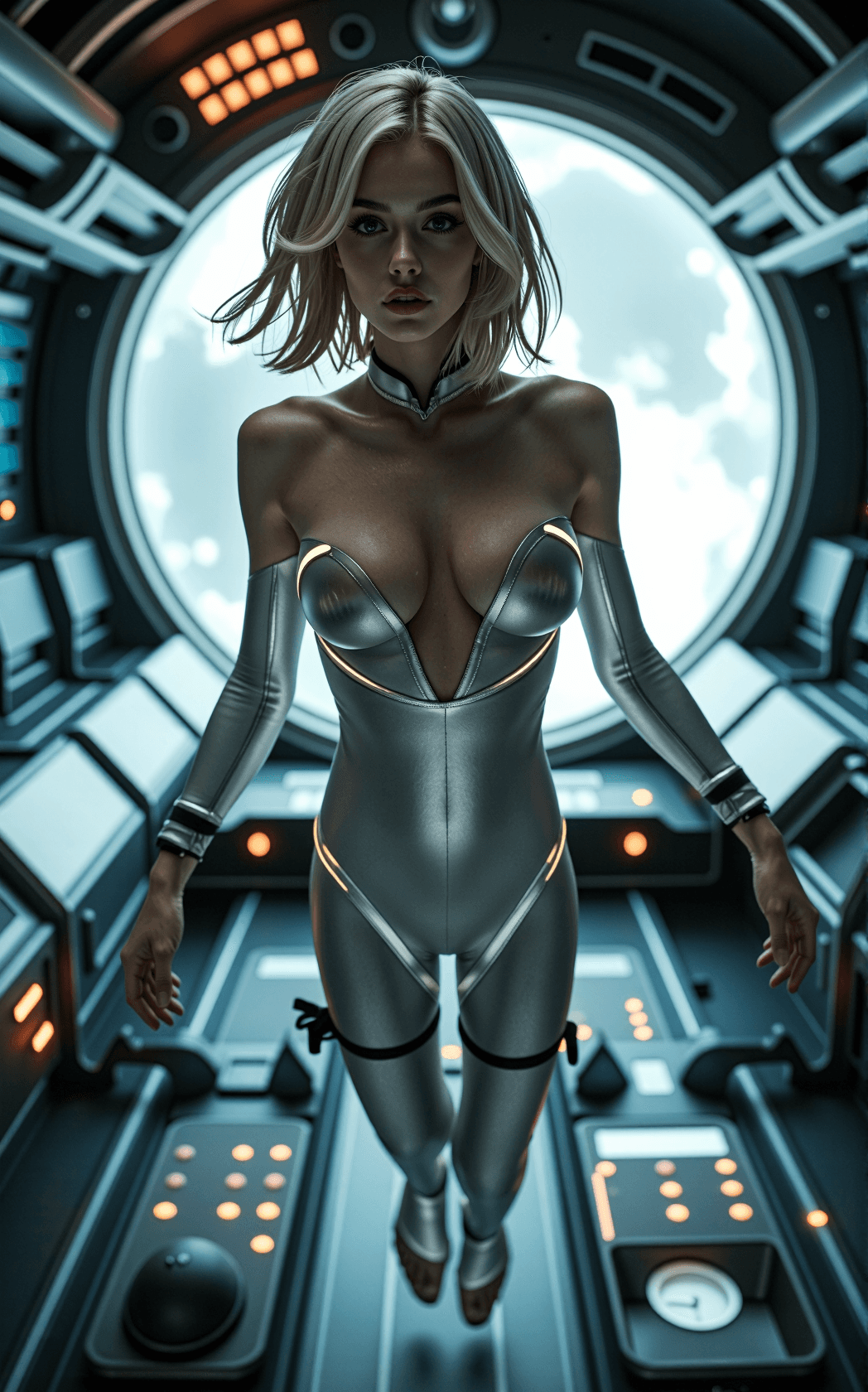 AI generated: Erotic, seductive, sensual, sexual documentary-style fantasy photograph of a futuristic space explor...