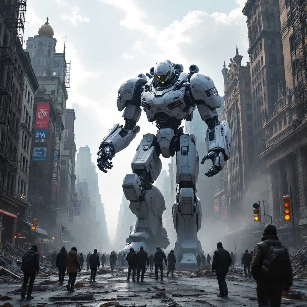 AI generated: A giant robot walks the streets of destroyed New York