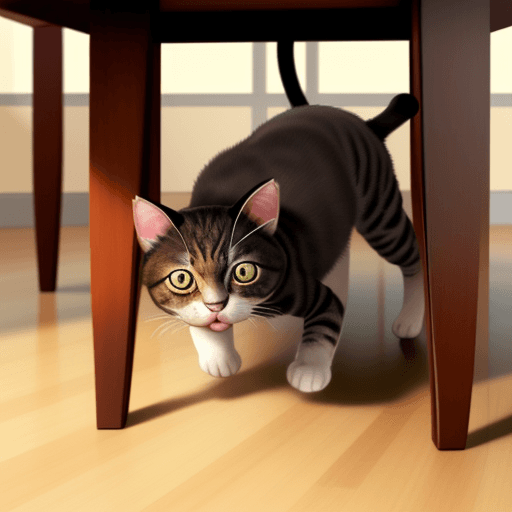 AI generated: hyperrealistic cat playing under the table