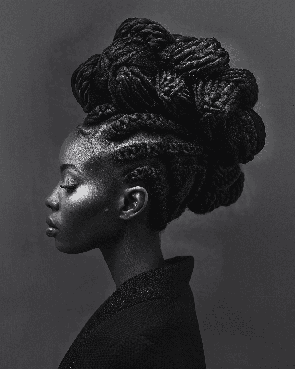 AI generated: A woman with an elaborate updo hairstyle, featuring multiple buns and braids, exudes elegance in her...