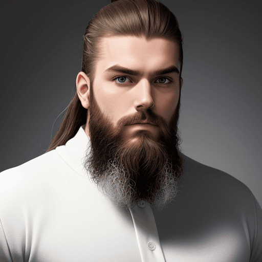AI generated: Photograph, man, model pose, minimalist, stylish nessy long hairstyle, beard, profound gaze, solid w...