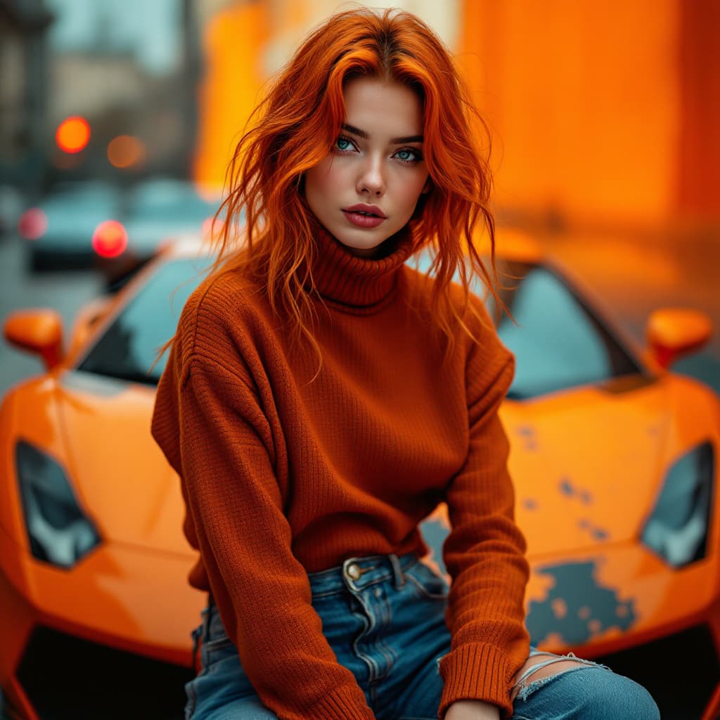 AI generated: A female,gorgeous, orange hair,   orange turtleneck, blue jean,orange car lamborghini in background,...