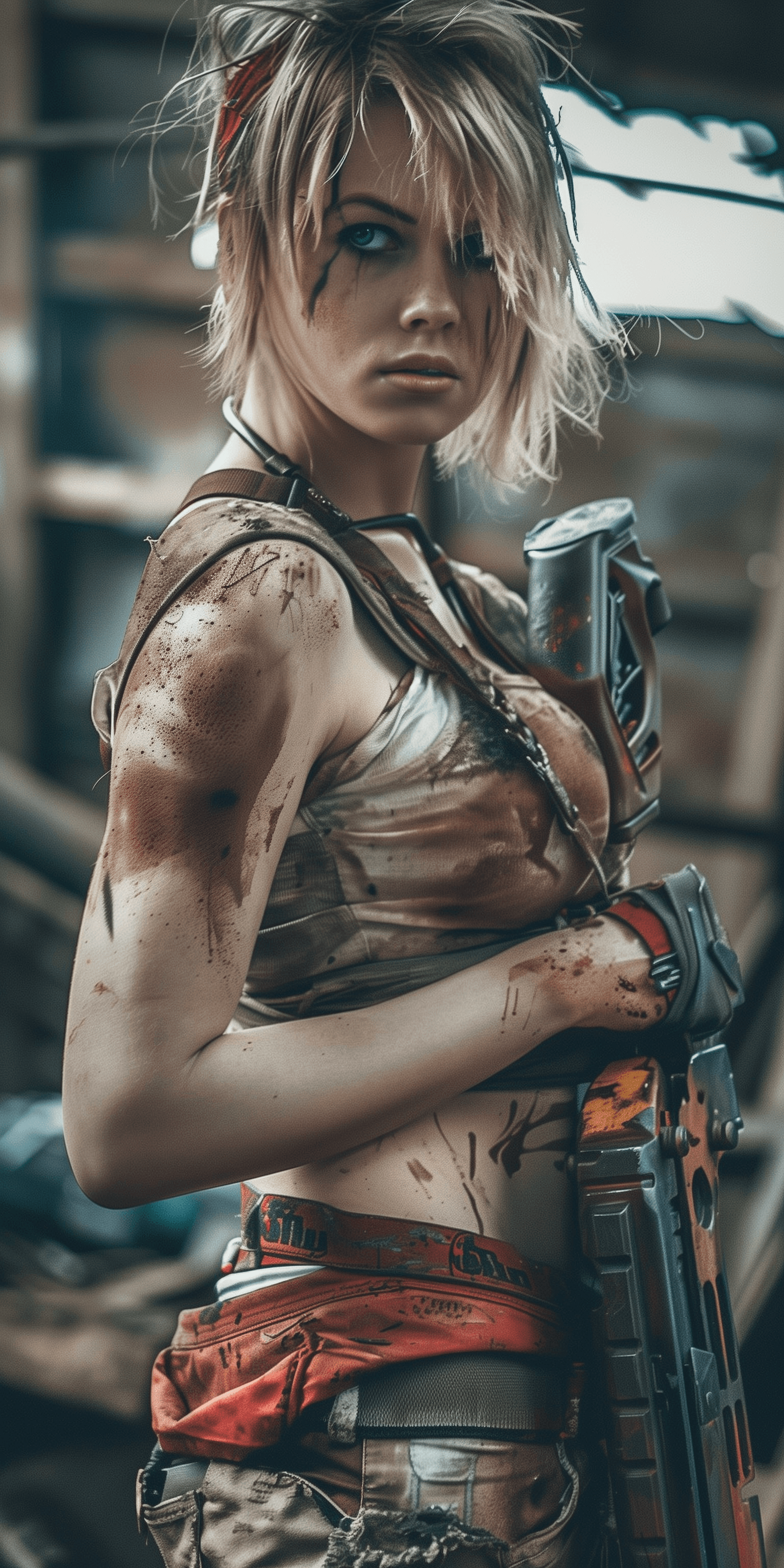 AI generated: cinematic portrait of road warrior mad max female type model character, very fit and athletic, apoca...