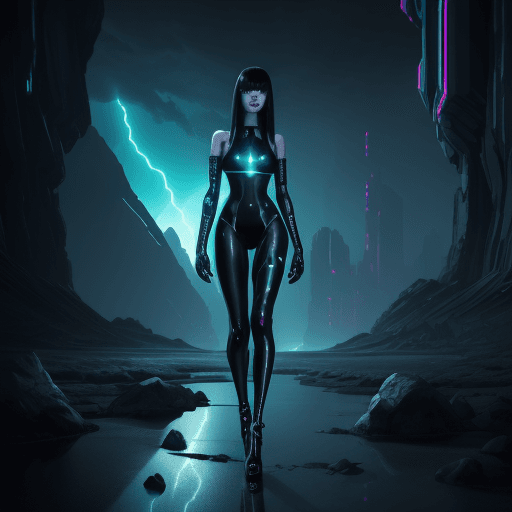 AI generated: DARK AND GLOWING landscape, stunning looking cyber girl,  lots of heavy reflective floor and other i...