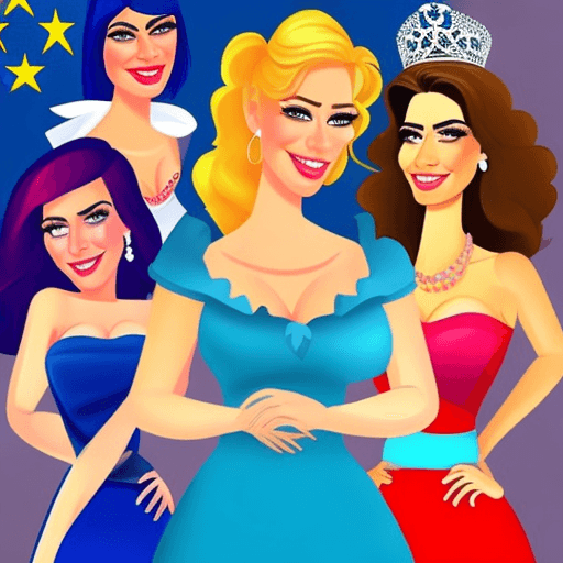 AI generated: un mapamundi de fondo de estilo cartoon y en primera plana dos mujeres europeas rubias atractivas de...