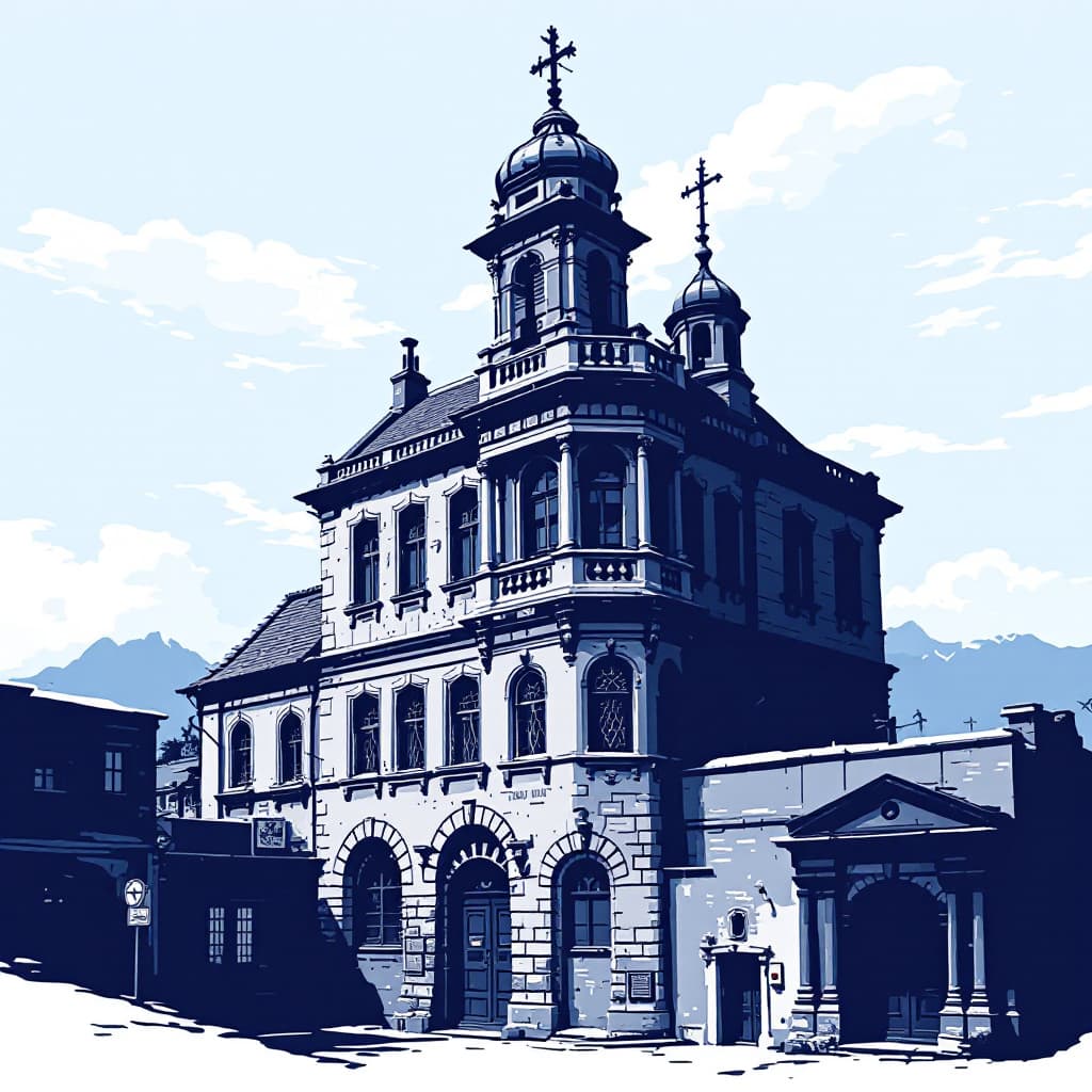 AI generated: vector drawing of an old building in the style , blue and white colors, vector art,