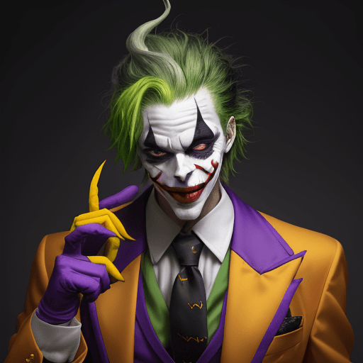 AI generated: The photo shows a full-length man wearing a Joker mask, yellow-green hair on his head, a jester's ca...