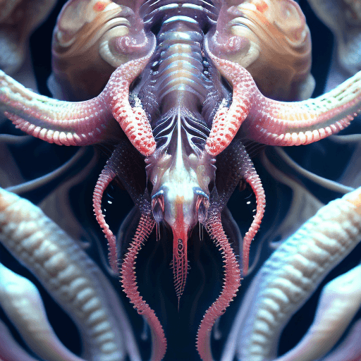 AI generated: Xenomorph close-up portrait ribcagel. jellyfish phoenix head, nautilus, orchid, skull, betta fish, b...