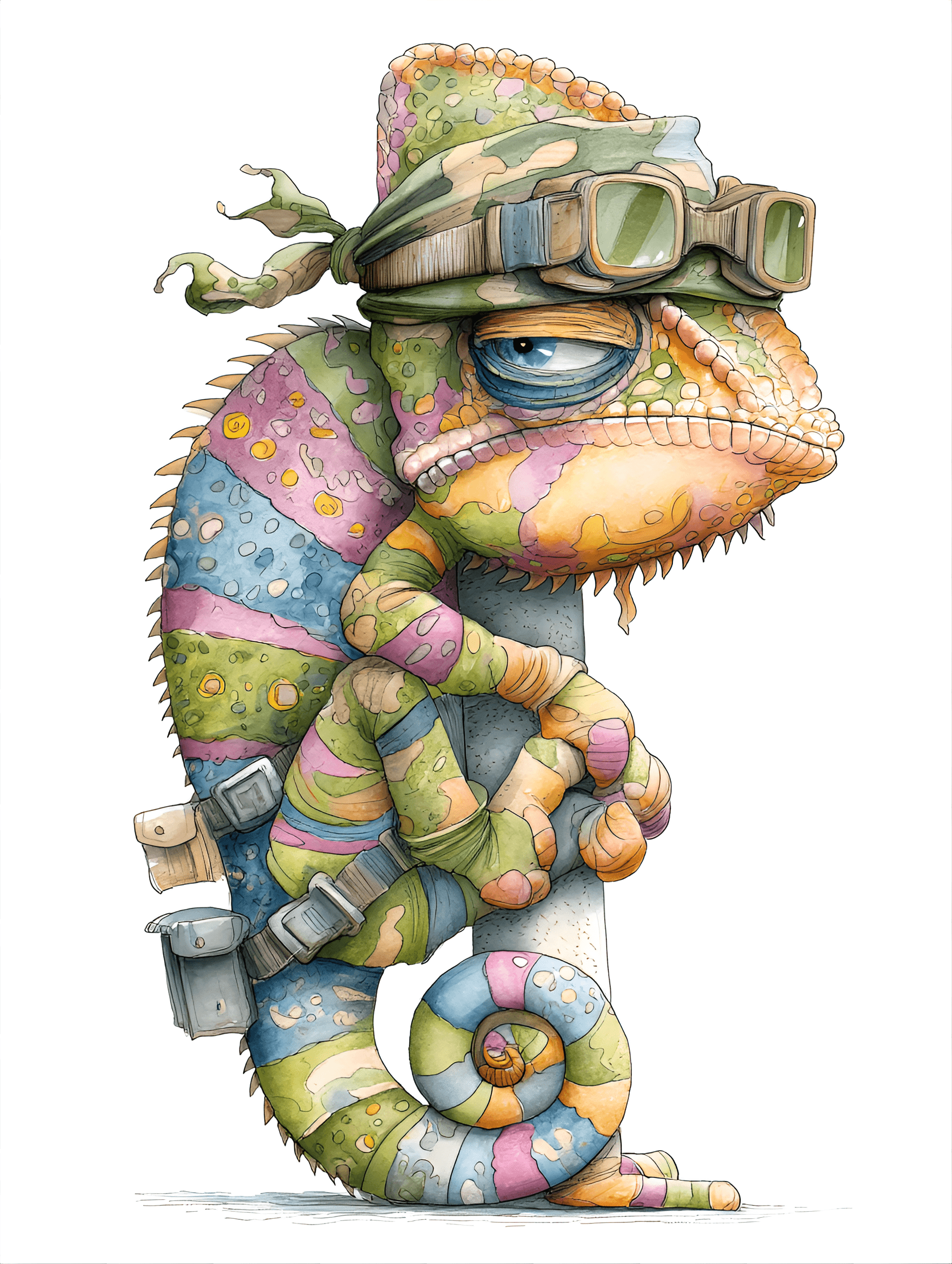 AI generated: funny caricature, chameleon animal caricature, juvenile exotic male, 2 years old, colorful scales, c...