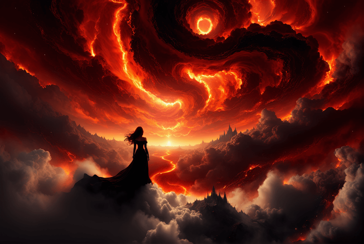 AI generated: epic mattepainting over the clouds beuatiful succubus with a slim detailed gothic dress in a red and...