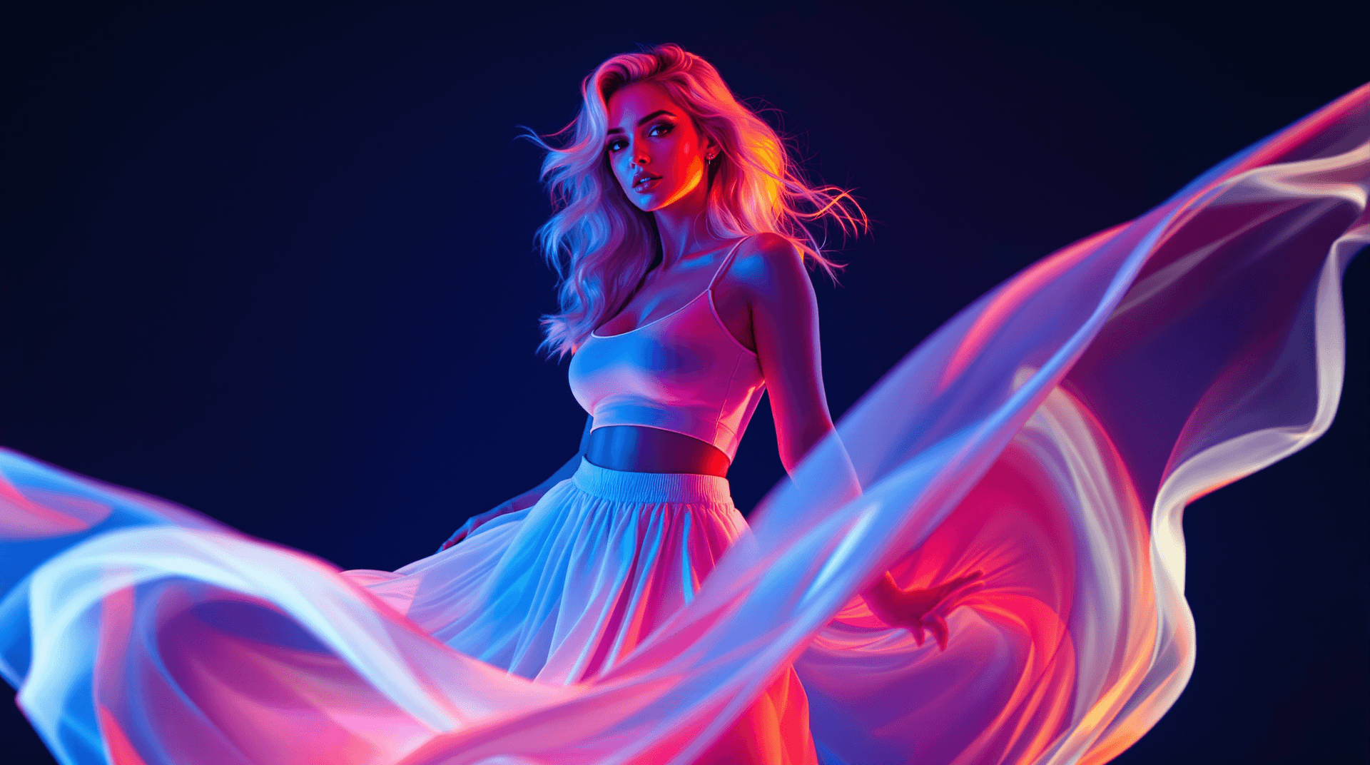 AI generated: Studio portrait of a stunning Curvy young adult woman with light blonde hair, dynamic pose, vibrant ...