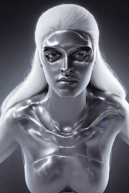 AI generated: female dressed as silver surfer, white hair, (full body visible), looking at viewer, portrait, photo...