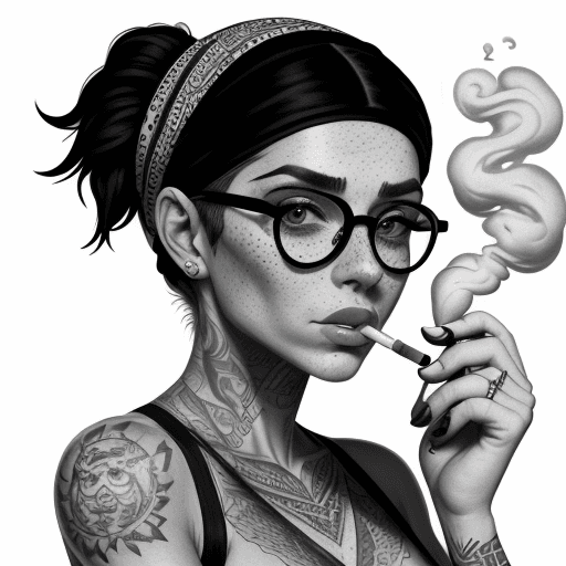 AI generated: detailed black and white drawing of an attractive woman with freckles, wearing large round glasses, ...
