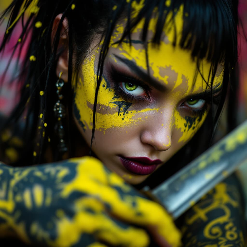 AI generated: Editorial Vivienne Tam photography of a gothic punk rebel Japanese [woman] with neon yellow and blac...