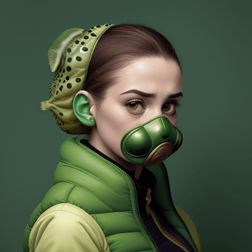 AI generated: woman wearing a green puffer fish on her face, in the style of hip pop, surreal comic scenes, jarrin...