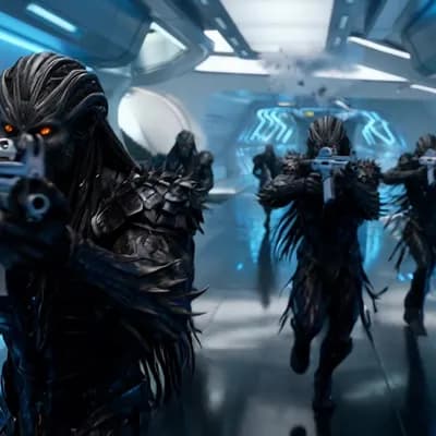 AI generated video: Using characters from Reference Image 2, conduct a fighting withdrawal through the environment shown...
